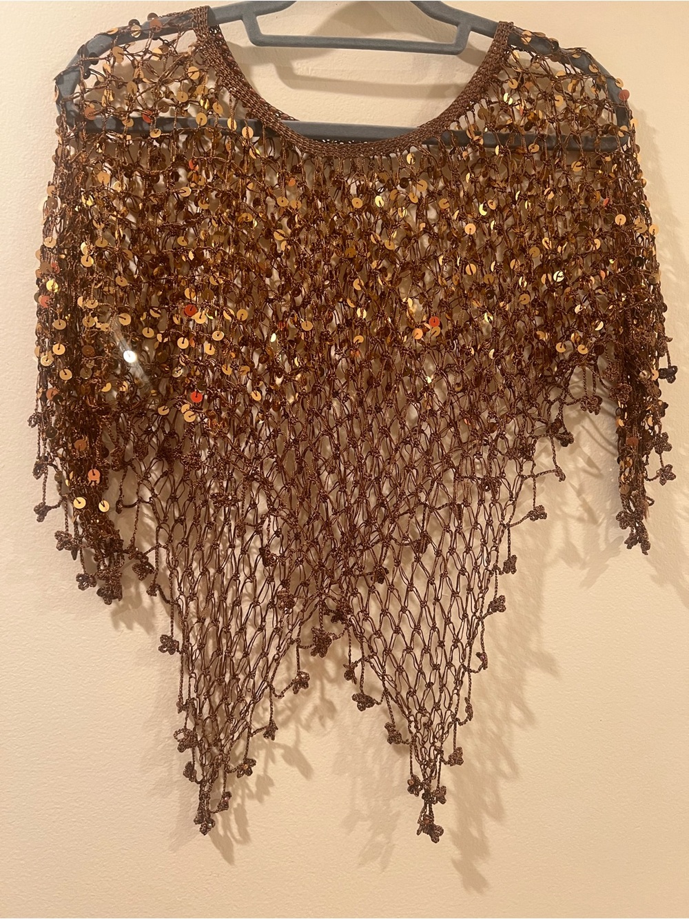 Vintage Bronze Sequin Crochet Poncho / Capelet Boho Festival Top